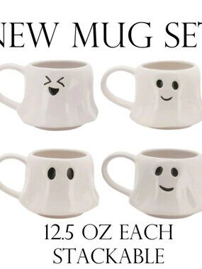 NEW Ceramic Ghost Mugs Mug Set of 4 Stacking Stackable White Stoneware Can hold